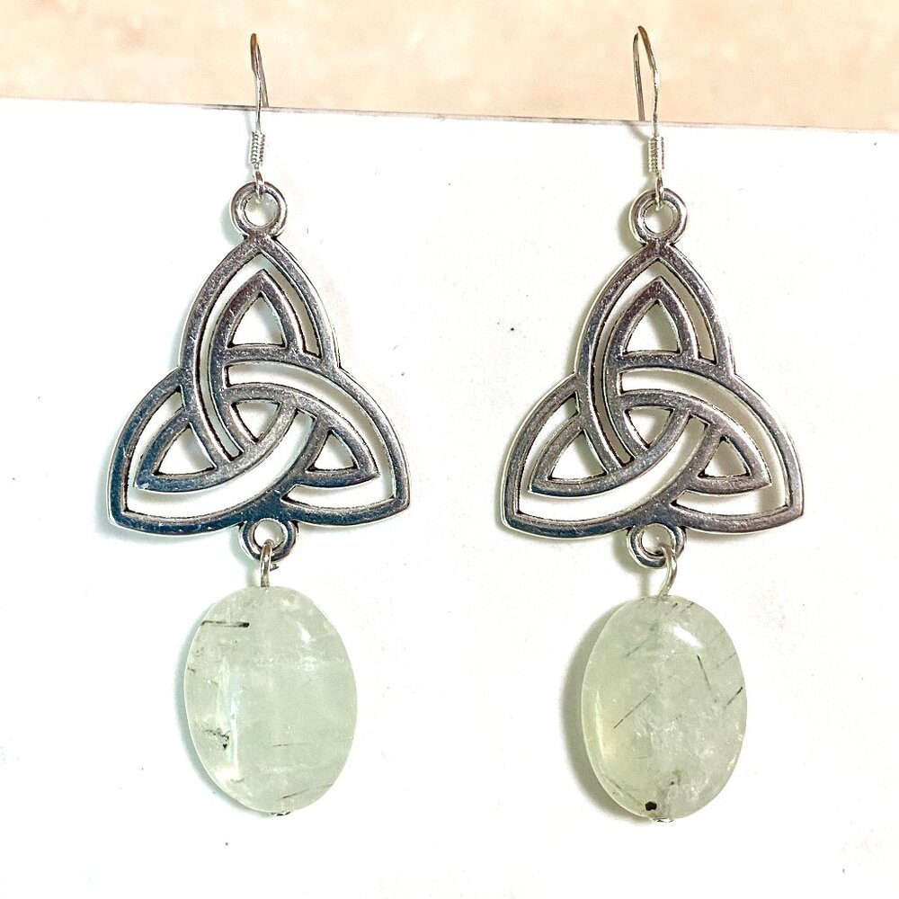 2/$20, Genuine Pale Green Prehnite Triqueta Sterling Silver Dangle Earrings